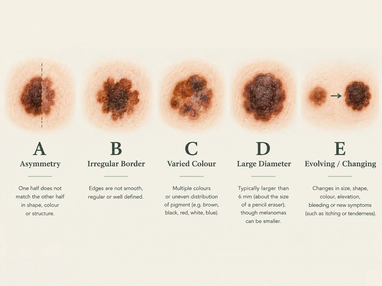 Educational illustration of the ABCDE melanoma warning signs: A — Asymmetry (one half unlike the other); B — irregular Border; C — varied Colour; D — large Diameter (usually over 6mm, though melanomas can be smaller); E — Evolving or changing.