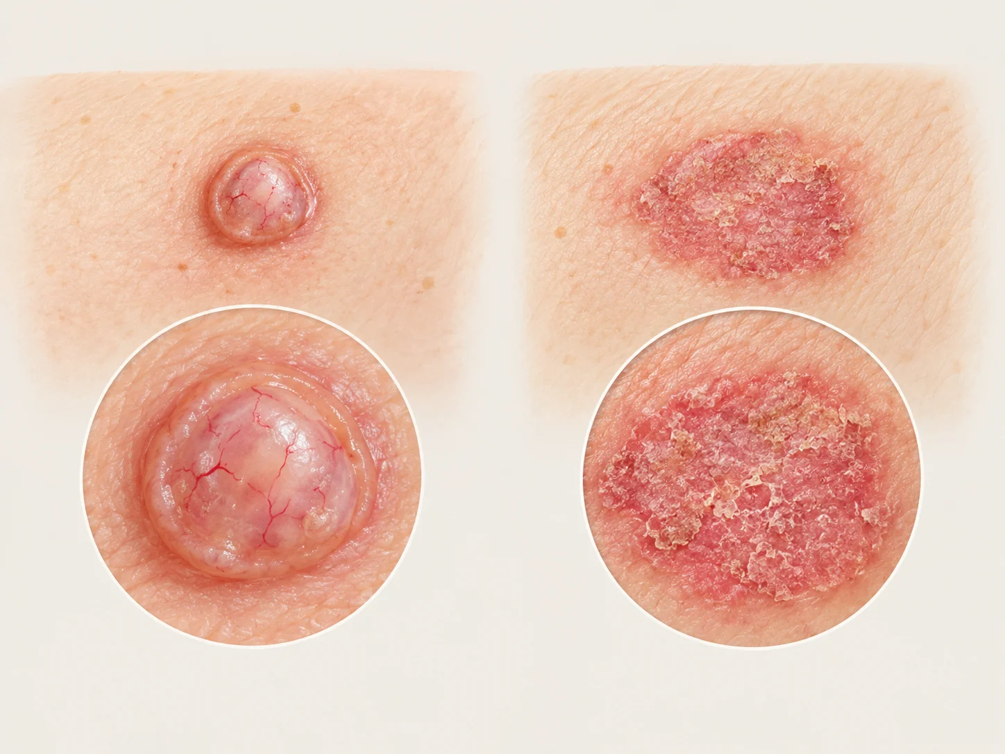 Illustration of two superficial non-melanoma skin cancers: a basal cell carcinoma (a pearly, translucent dome-shaped bump with a rolled border and fine surface blood vessels) on the left, and squamous cell carcinoma in situ / Bowen's disease (a flat scaly red-pink patch) on the right, each with a magnified inset.